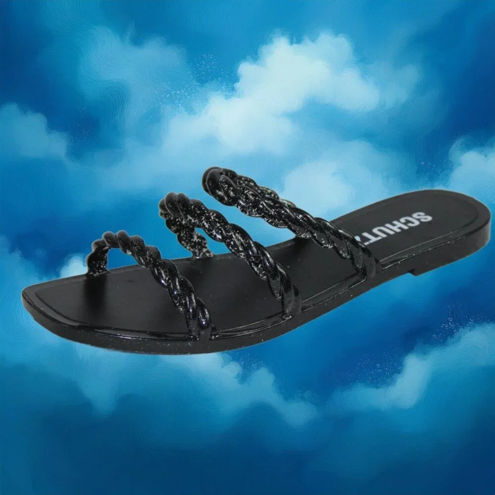 Schutz Diana Braided Black Gray Glitter Slip-On Slide Sandals, US Size 4-5